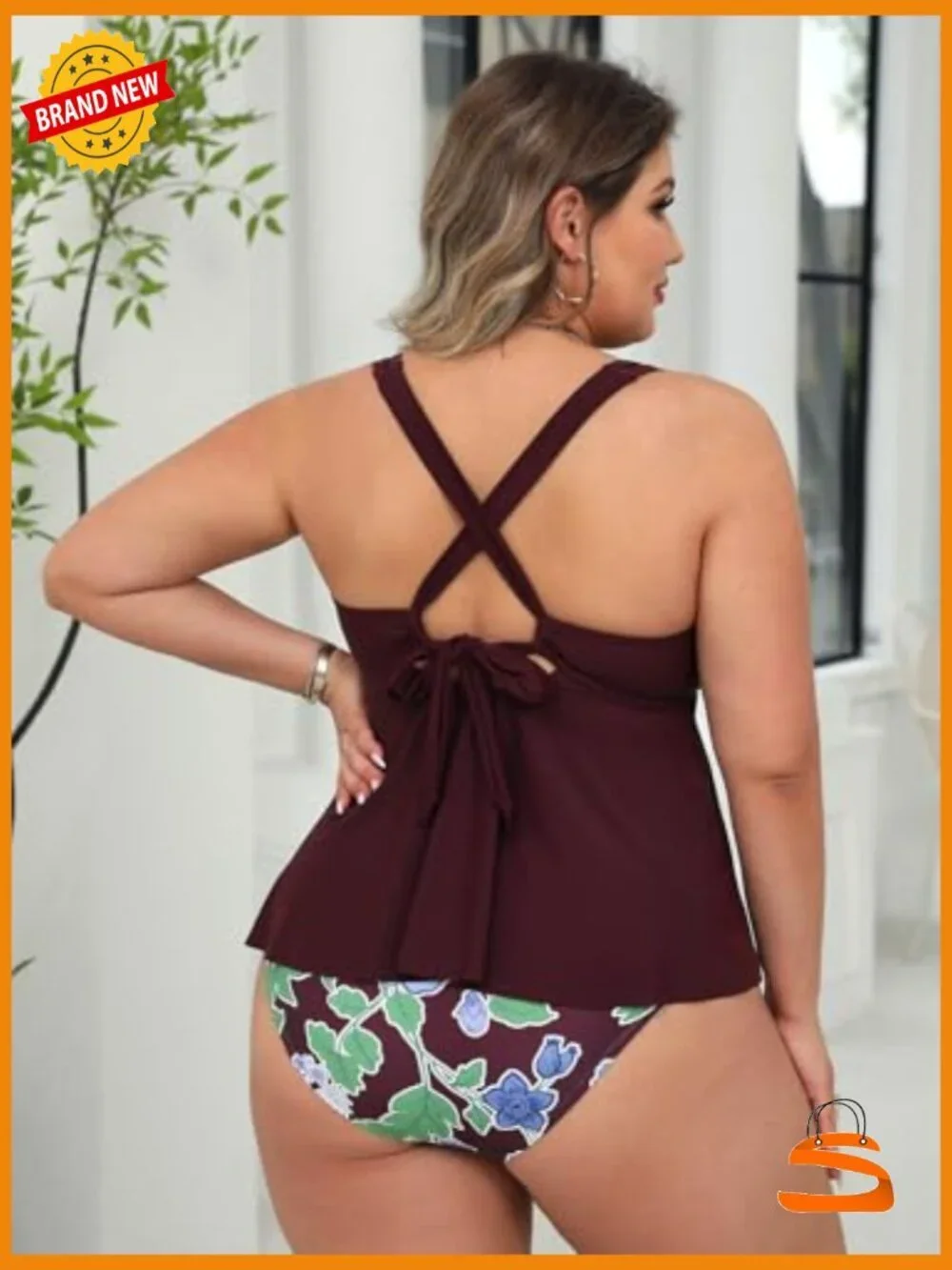 Plus Size V-Neck Tankini Set with Adjustable Straps and Mid Rise Bottoms